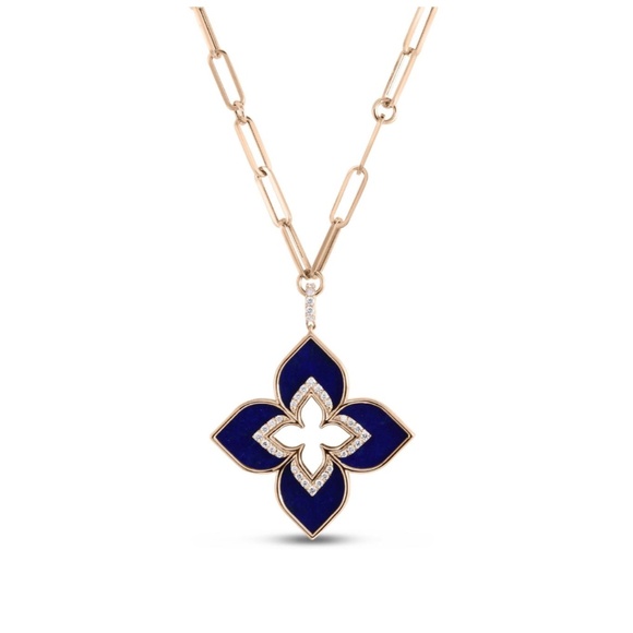 Roberto Coin Rose Gold Venetian Long Necklace with Large Lapis Diamonds pendant - Picture 2 of 5